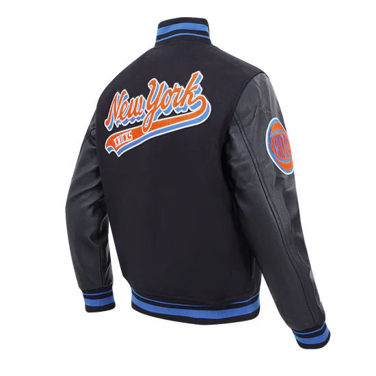 New York Knicks Script Tail Varsity Black Wool & Genuine Leather Sleeves Men's Letterman Jacket