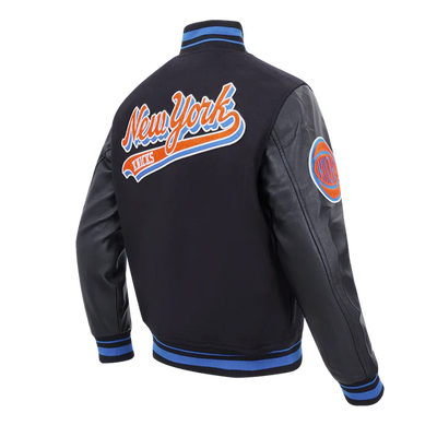 New York Knicks Script Tail Varsity Black Wool & Genuine Leather Sleeves Men's Letterman Jacket