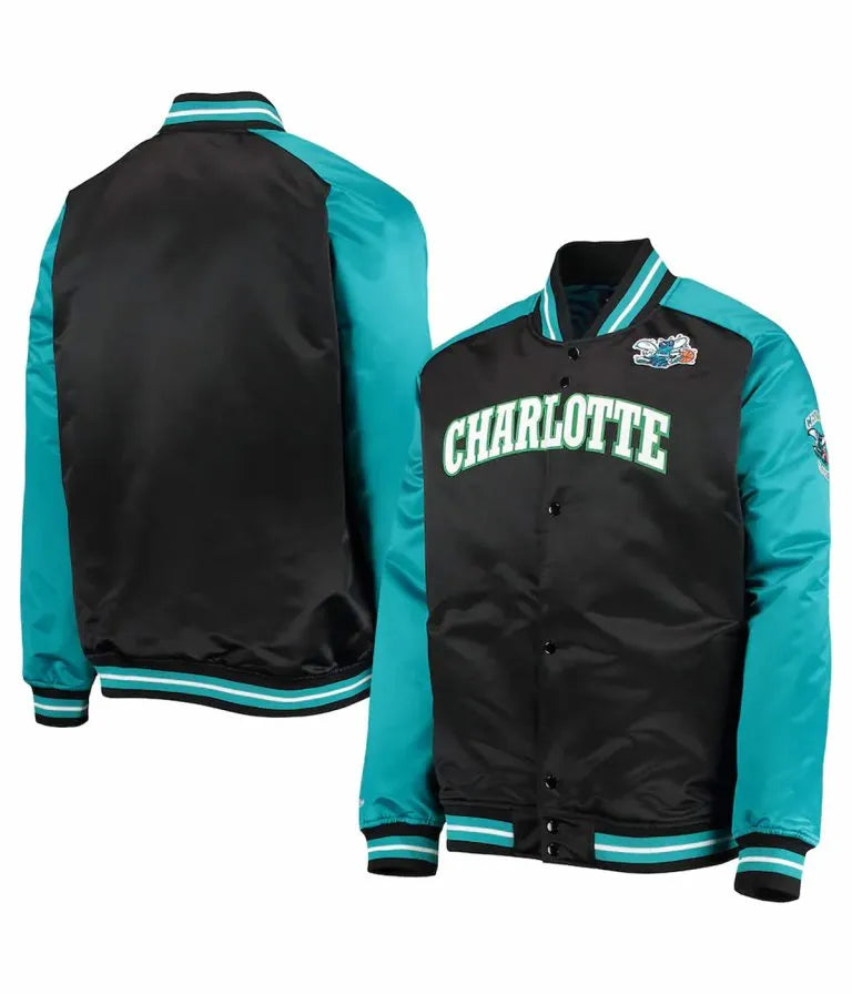 Charlotte Hornets Hardwood Classics Reload 3.0 Full-Snap Varsity Black and Teal Satin Men's Bomber Jacket