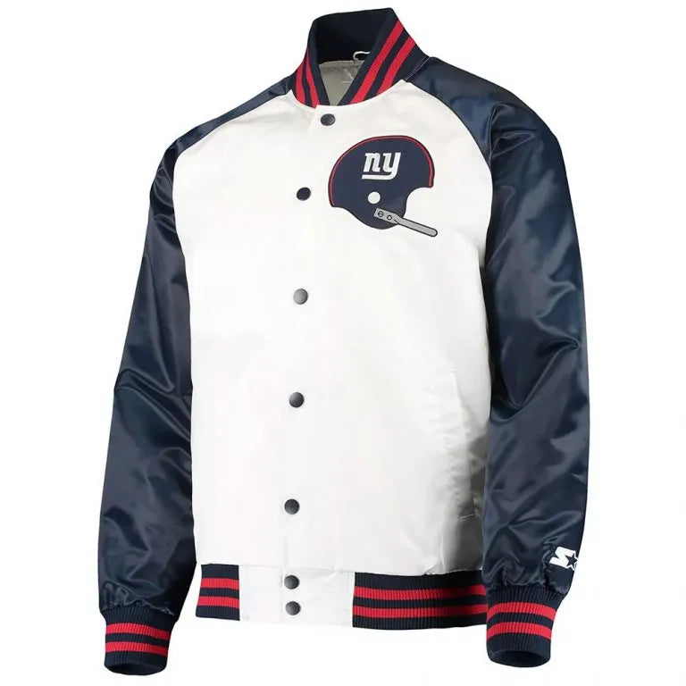 New York Giants Clean Up Throwback Full-Snap Varsity Navy Blue & White Satin Men's Bomber Jacket
