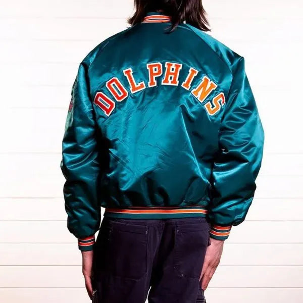 Miami Dolphins Team Full-Snap Varsity Aqua Satin Men's Bomber Jacket
