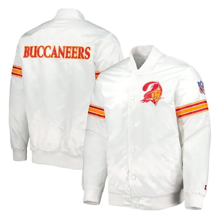 Tampa Bay Buccaneers The Power Full-Snap Varsity White Satin Men's Bomber Jacket