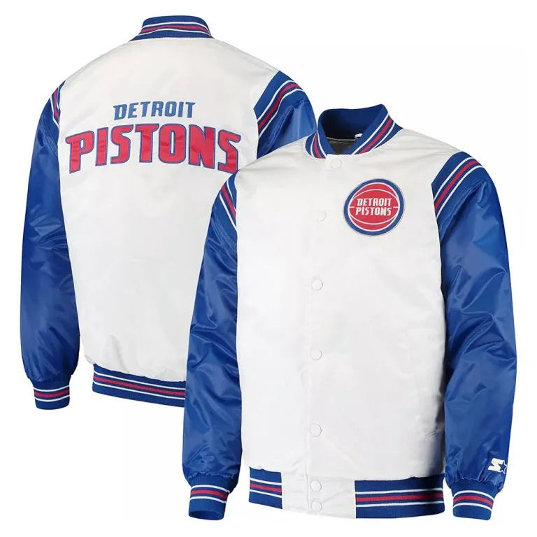 Detroit Pistons Renegade Full-Snap Varsity White/Blue Satin Men's Bomber Jacket