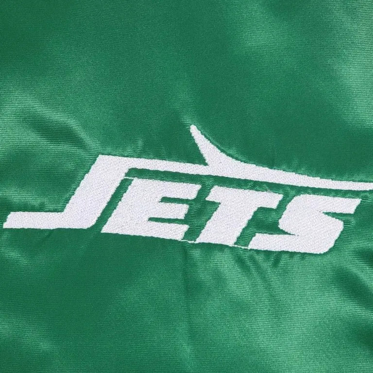 80s New York Jets Striped Full-Snap Varsity Green Satin Men's Bomber Jacket