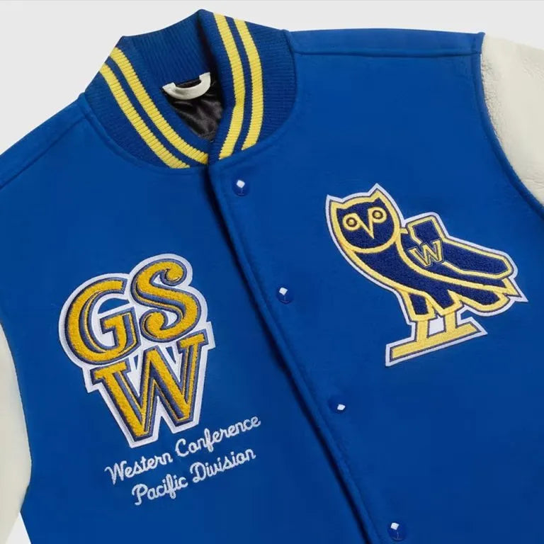 OVO Golden State Warriors Varsity Blue Wool & White Genuine Leather Sleeves Men's Bomber Jacket