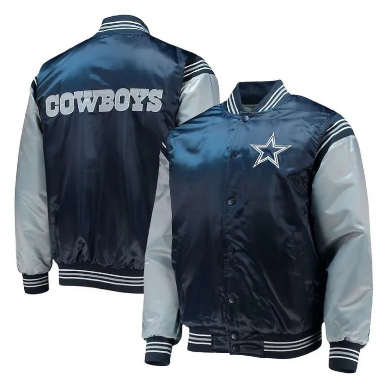 Dallas Cowboys Enforcer Full-Snap Varsity Navy/Silver Satin Men's Bomber Jacket