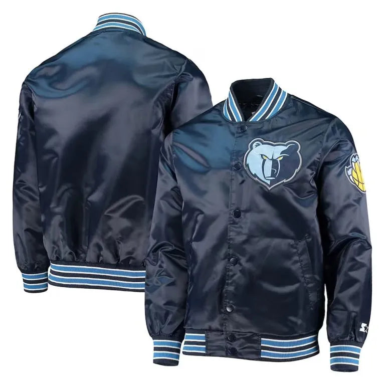 Memphis Grizzlies The Diamond Classic Full-Snap Varsity Navy Blue Satin Men's Bomber Jacket