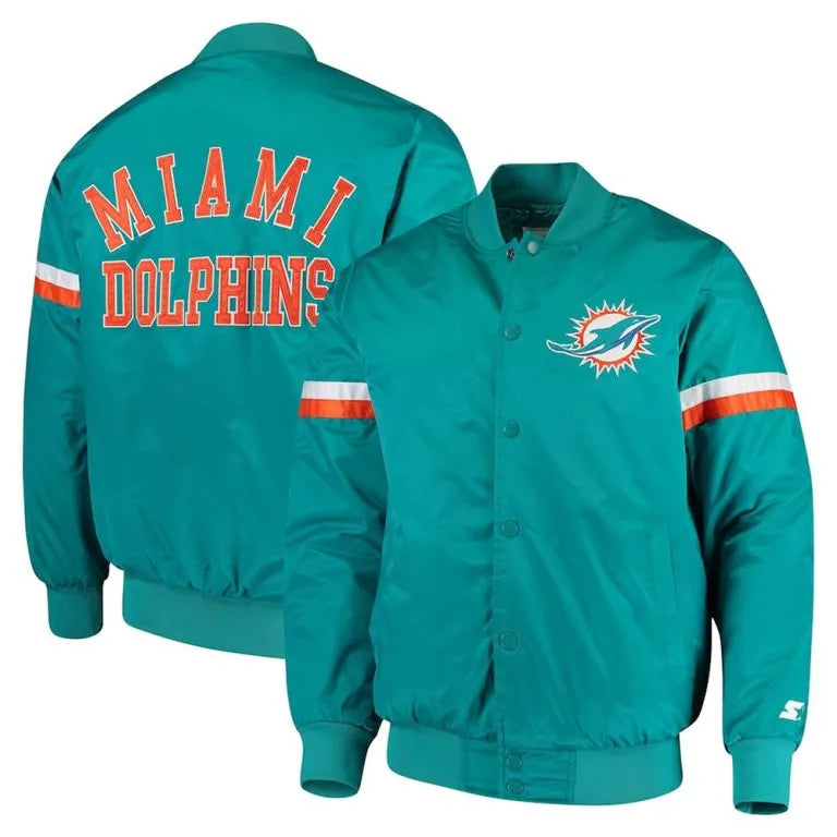 Miami Dolphins Champ Full-Snap Varsity Aqua Satin Men's Bomber Jacket