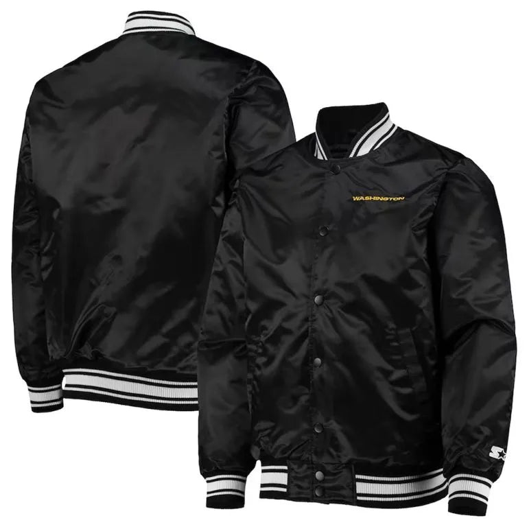 Washington Commanders Locker Room Full-Snap Varsity Black Satin Men's Bomber Jacket