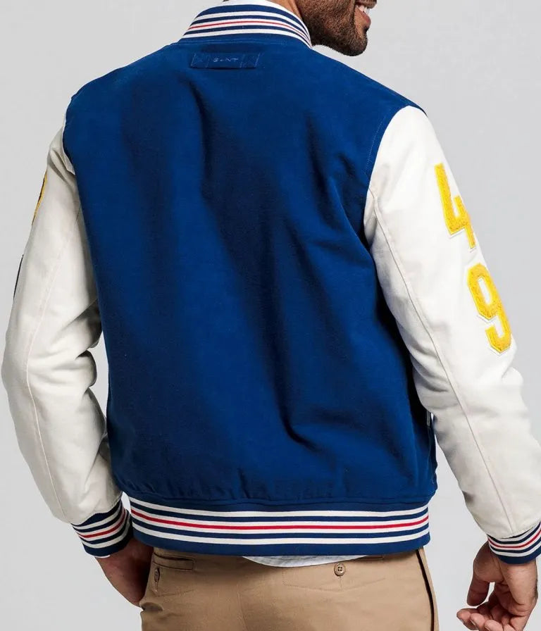 Gant The Gant Spring Blue Wool & White Genuine Leather Sleeves Men's Letterman Varsity Jacket