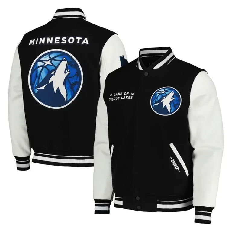 Minnesota Timberwolves 2024 City Edition Varsity Black Wool & White Genuine Leather Sleeves Men's Jacket