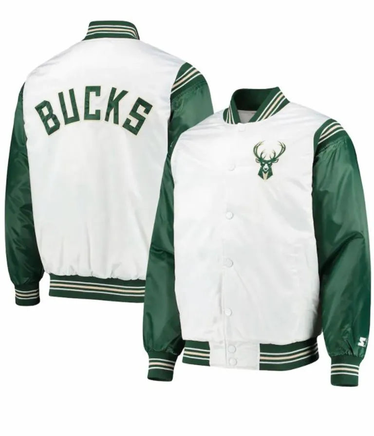 Milwaukee Bucks Full-Snap Varsity White and Green Satin Men's Bomber Jacket