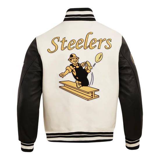 Pittsburgh Steelers Retro Classic Cream Wool & Black Genuine Leather Sleeves Men's Varsity Letterman Jacket
