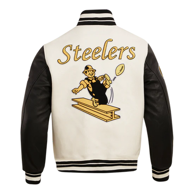Pittsburgh Steelers Retro Classic Cream Wool & Black Genuine Leather Sleeves Men's Varsity Letterman Jacket