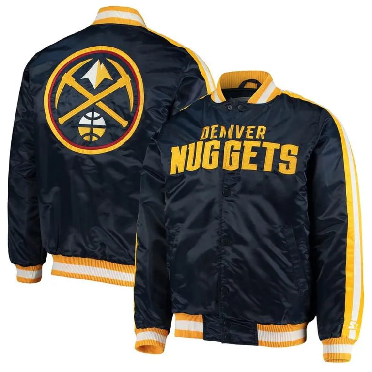 Denver Nuggets Offensive Full-Snap Varsity Navy Blue Satin Men's Bomber Jacket