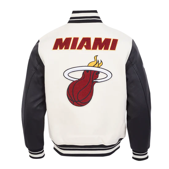 Miami Heat Mashup Logo Varsity Off White Wool & Black Genuine Leather Sleeves Men's Jacket