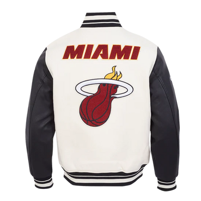 Miami Heat Mashup Logo Varsity Off White Wool & Black Genuine Leather Sleeves Men's Jacket