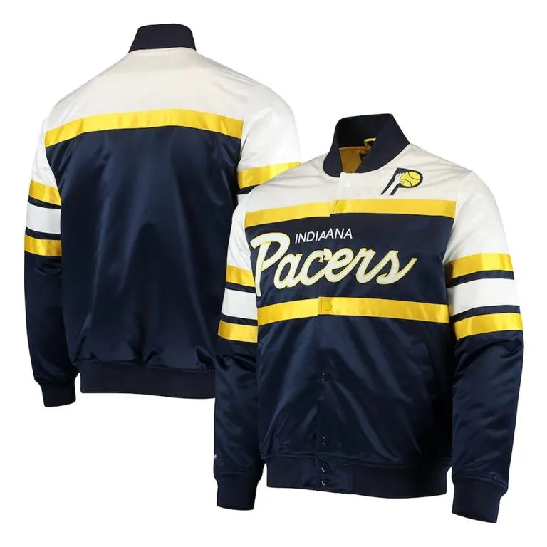 Indiana Pacers Special Script Full-Snap Varsity White and Navy Blue Satin Men's Bomber Jacket