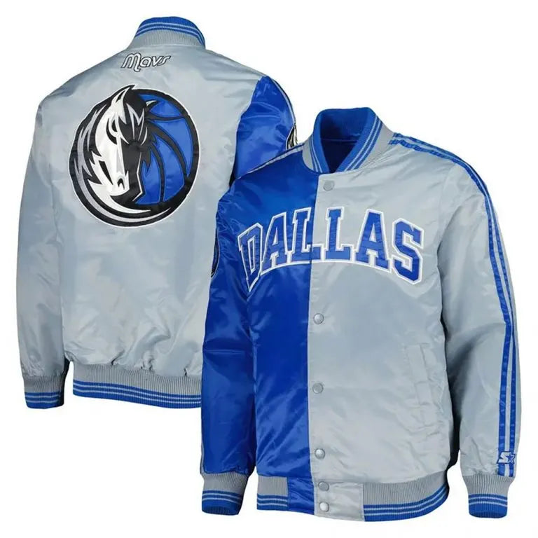 Dallas Mavericks Fast Break Full-Snap Varsity Royal Blue and Gray Satin Men's Bomber Jacket