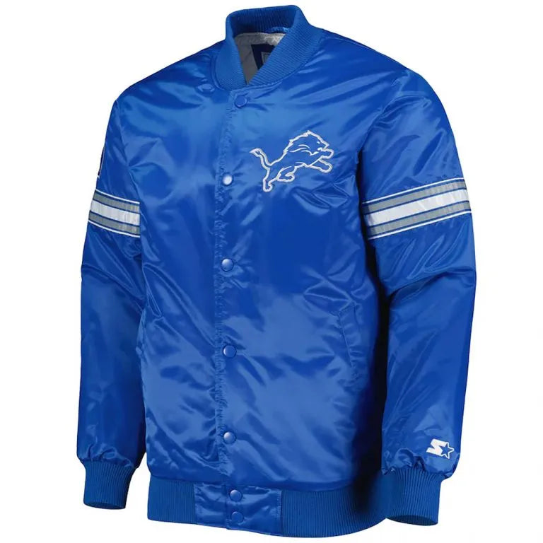 Detroit Lions The Pick and Roll Full-Snap Varsity Blue Satin Men's Bomber Jacket