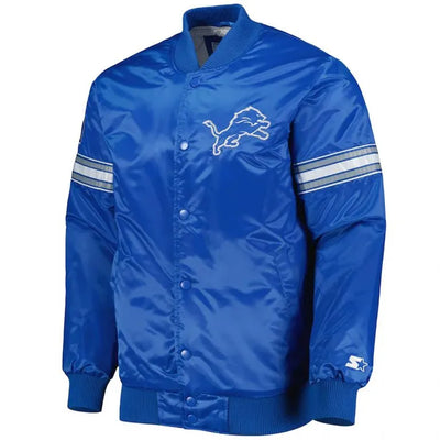 Detroit Lions The Pick and Roll Full-Snap Varsity Blue Satin Men's Bomber Jacket