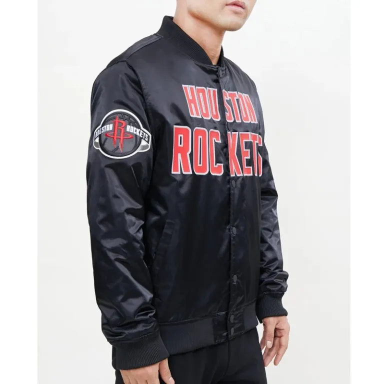 Houston Rockets Big Logo Full-Snap Varsity Black Satin Men's Bomber Jacket