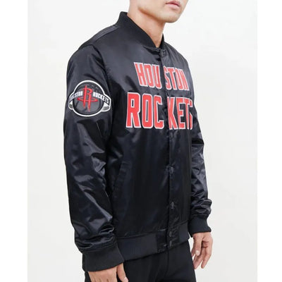 Houston Rockets Big Logo Full-Snap Varsity Black Satin Men's Bomber Jacket