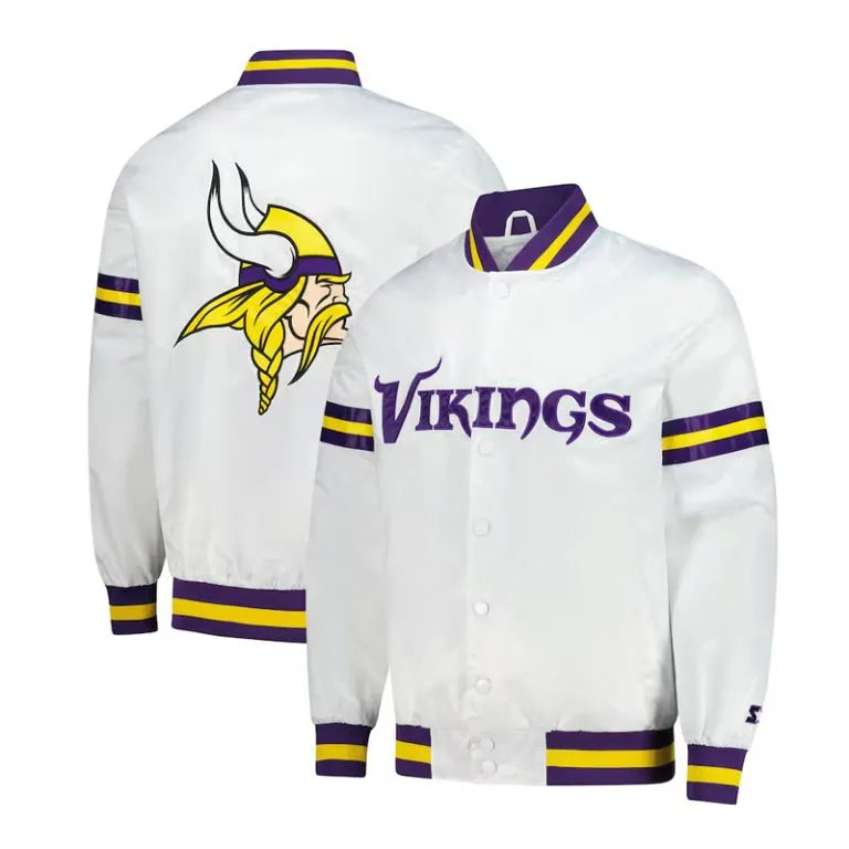 Minnesota Vikings Scout Full-Snap Varsity White Satin Men's Bomber Jacket