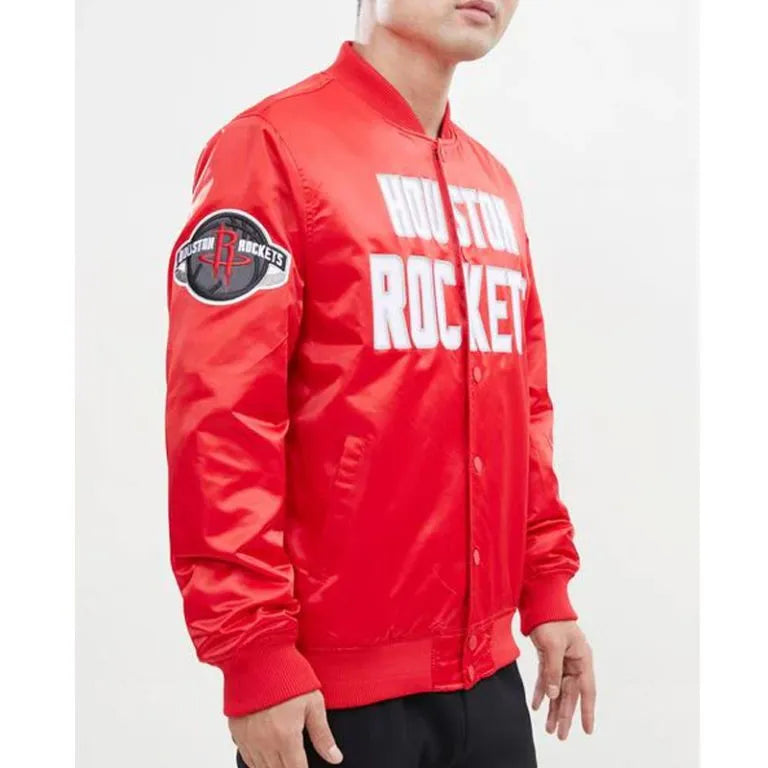 Houston Rockets Big Logo Full-Snap Varsity Red Satin Men's Bomber Jacket