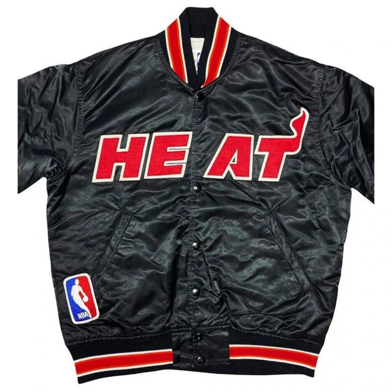 90s Miami Heat NBA Full-Snap Varsity Black Satin Men's Bomber Jacket
