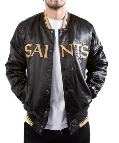 New Orleans Saints Full-Snap Varsity Black Satin Men's Bomber Jacket