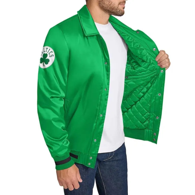 Boston Celtics Stitch Applique Full-Snap Varsity Kelly Green Satin Men's Bomber Jacket