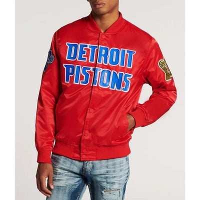Detroit Pistons Big Logo Full-Snap Varsity Red Satin Men's Bomber Jacket