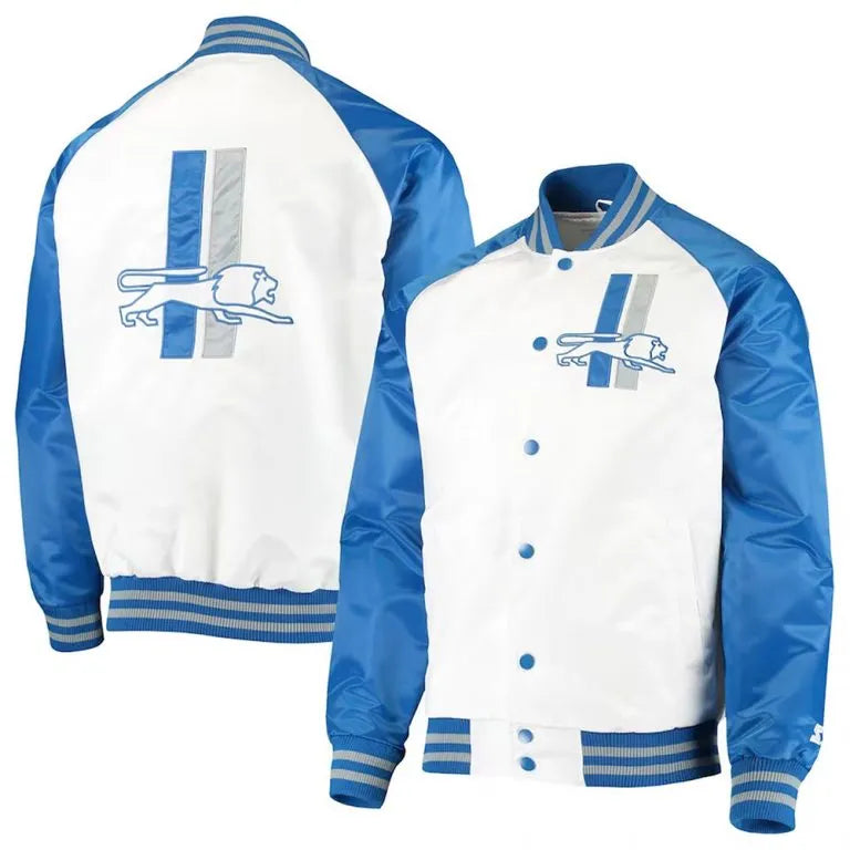 Detroit Lions Clean Up Throwback Full-Snap Varsity White/Blue Satin Men's Bomber Jacket