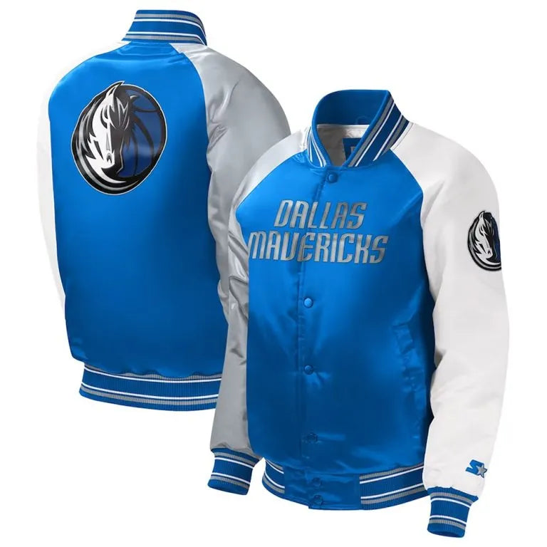 Dallas Mavericks Full-Snap Varsity Tri Color Satin Men's Bomber Jacket