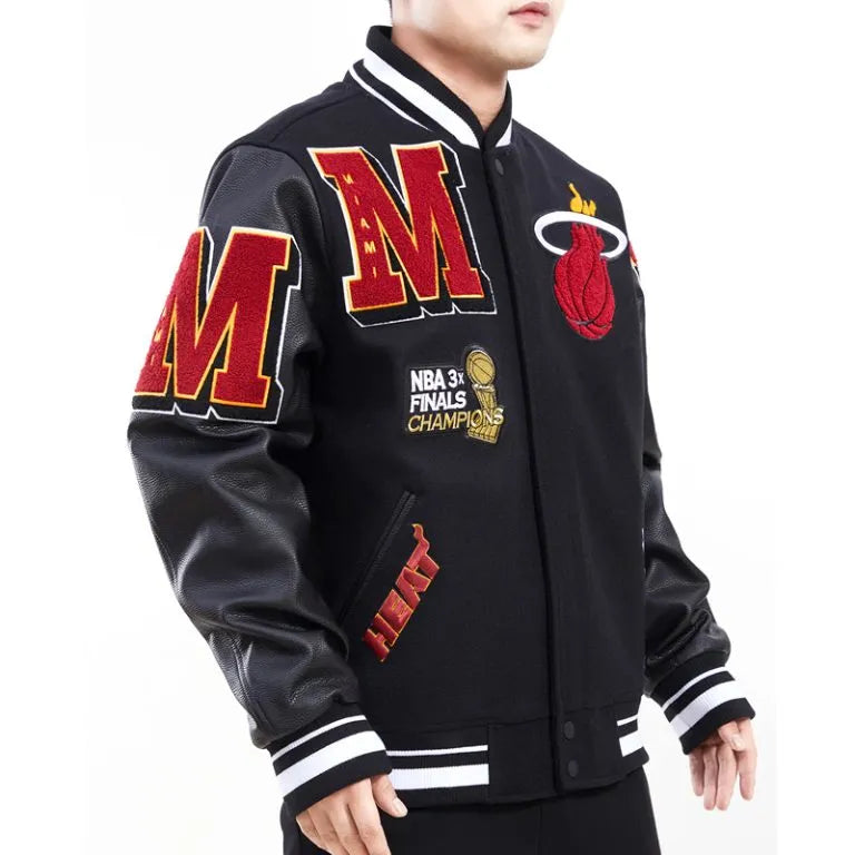 Miami Heat Mashup Logo Varsity Black Wool & Genuine Leather Sleeves Men's Jacket