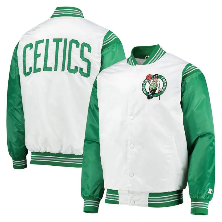 Boston Celtics Full-Snap Varsity White and Kelly Green Satin Men's Bomber Jacket