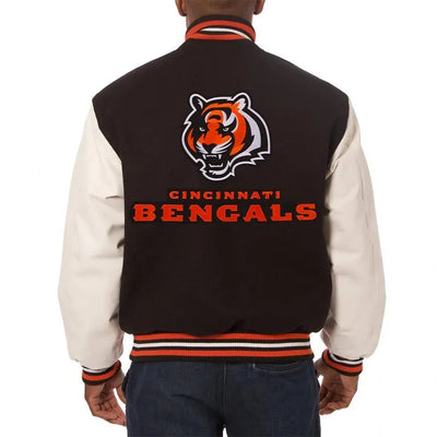 Cincinnati Bengals Two-Tone Black Wool & White Genuine Leather Sleeves Men's Varsity Jacket