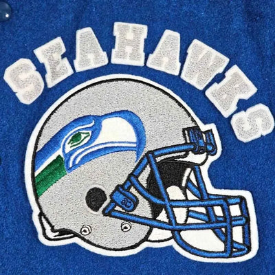 80’s Seattle Seahawks Royal Blue Wool & White Genuine Leather Sleeves Men's Varsity Letterman Jacket