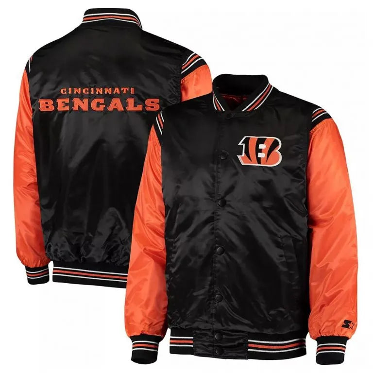 Cincinnati Bengals Enforcer Full-Snap Varsity Black and Orange Satin Men's Bomber Jacket