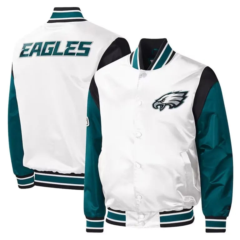 Philadelphia Eagles Throwback Warm Up Pitch Full-Snap Varsity Satin Men's Bomber Jacket