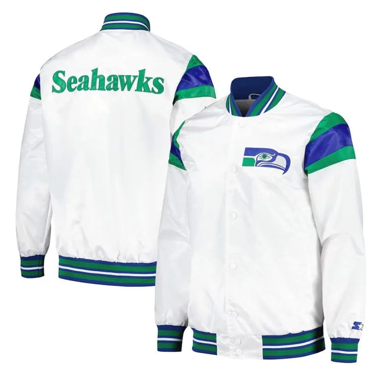 Seattle Seahawks Midweight Full-Snap Varsity White Satin Men's Bomber Jacket