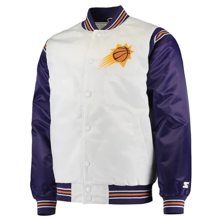 Phoenix Suns Renegade Full-Snap Varsity White and Purple Satin Men's Bomber Jacket