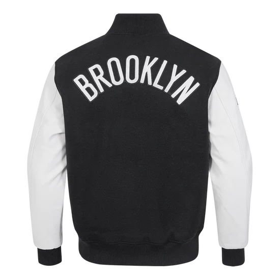 Brooklyn Nets NBA Black Wool & White Genuine Leather Sleeves Men's Varsity Letterman Jacket