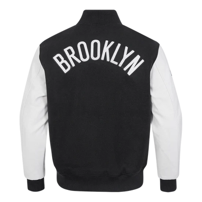 Brooklyn Nets NBA Black Wool & White Genuine Leather Sleeves Men's Varsity Letterman Jacket