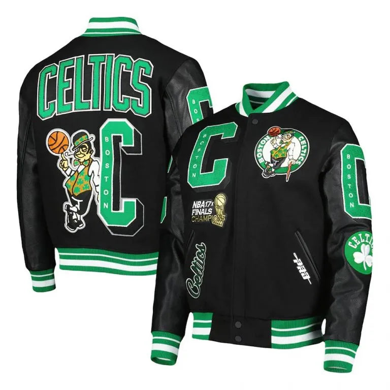 Boston Celtics Mash Up Finals Champions Black Wool & Genuine Leather Sleeves Men's Varsity Letterman Jacket