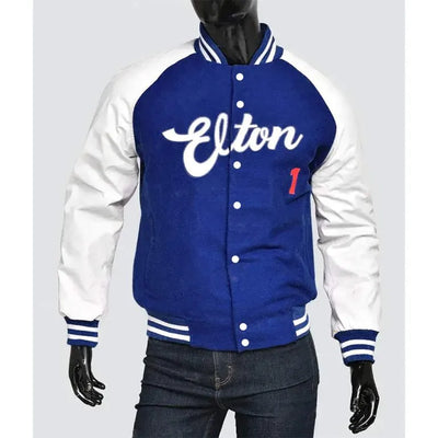 LA Dodger Elton John Blue Wool & White Leather Sleeves Full-Snap Varsity Men's Jacket
