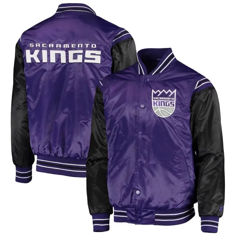 Sacramento Kings The Enforcer Full-Snap Varsity Purple and Black Satin Men's Bomber Jacket