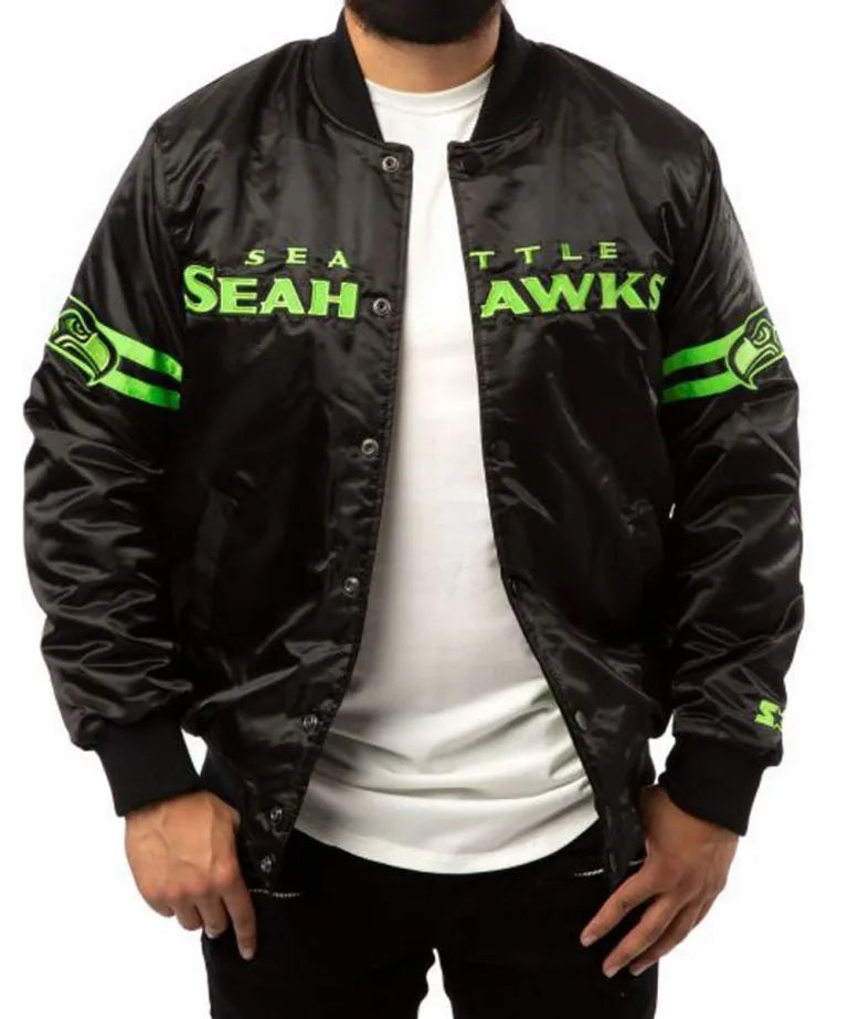 Seattle Seahawks Full-Snap Varsity Black Satin Men's Bomber Jacket