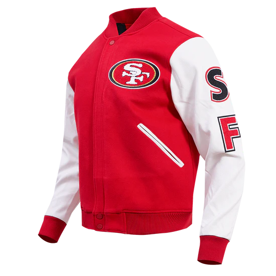 San Francisco 49ers Mash Up Retro Classic Red Wool & White Genuine Leather Sleeves Men's Varsity Letterman Jacket